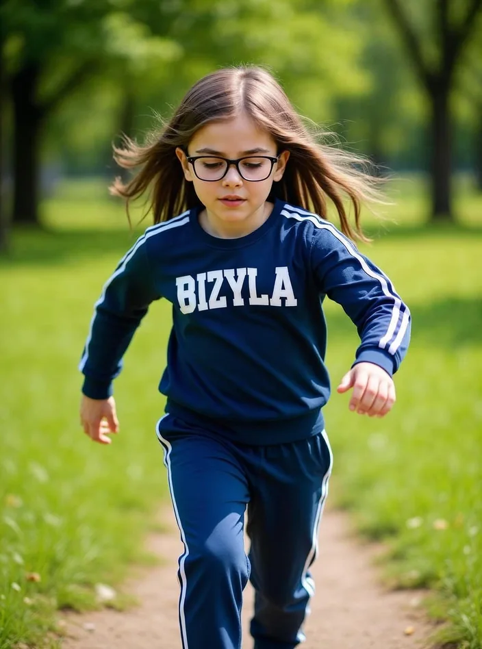 Bambina che corre al parco con gli occhiali