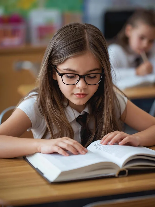 Bambina che legge a scuola con gli occhiali