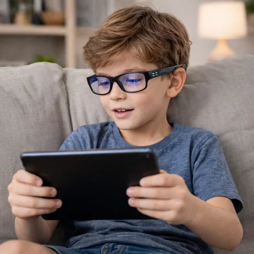 Bambino con occhiali davanti a un tablet