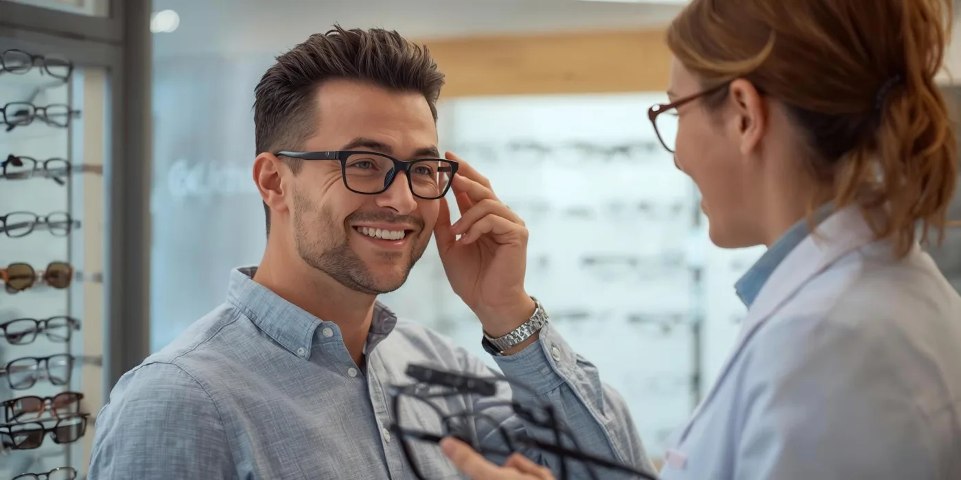 Cliente prova un occhiale in negozio
